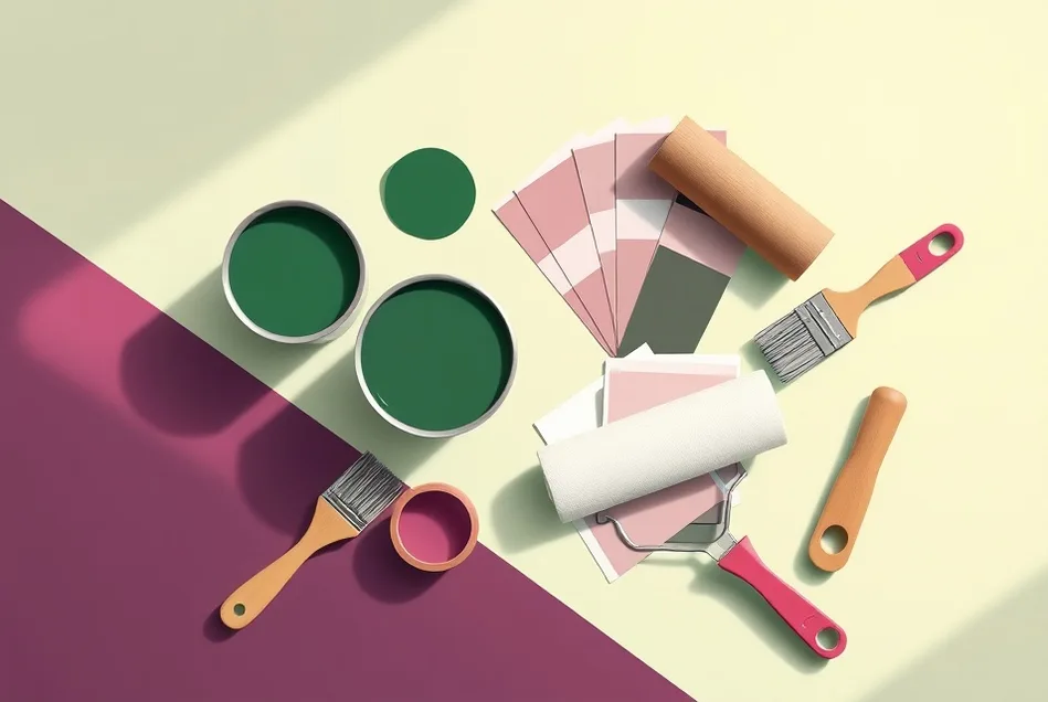 Pots de peinture, nuancier, brosses et rouleaux disposés à plat