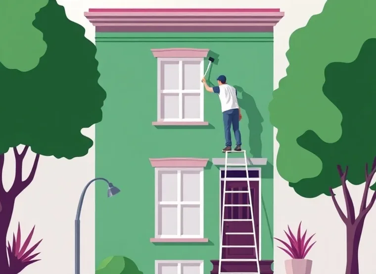 Peintre sur échafaudage traitant la façade d'une maison