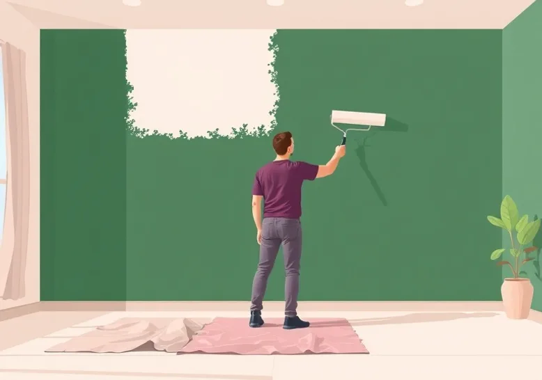 Peintre appliquant la peinture au rouleau sur un mur de salon